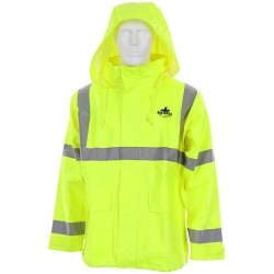 MCR Safety BJ238JHL Big Jake 2 Rainwear, Men's, Large, Fluorescent Lime, PVC, Resists: Flame, ANSI 107- 2020, ASTM F1891, ASTM 2733, ANSI Class 3 Specifications Met, Yes High-Visibility, Adjustable and Attached Drawstring Hood Style